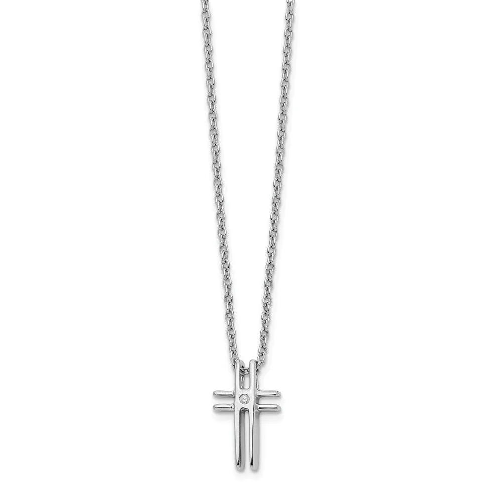 .01 Carat Diamond Cross Necklace in Rhodium Plated Silver, 18-20 Inch