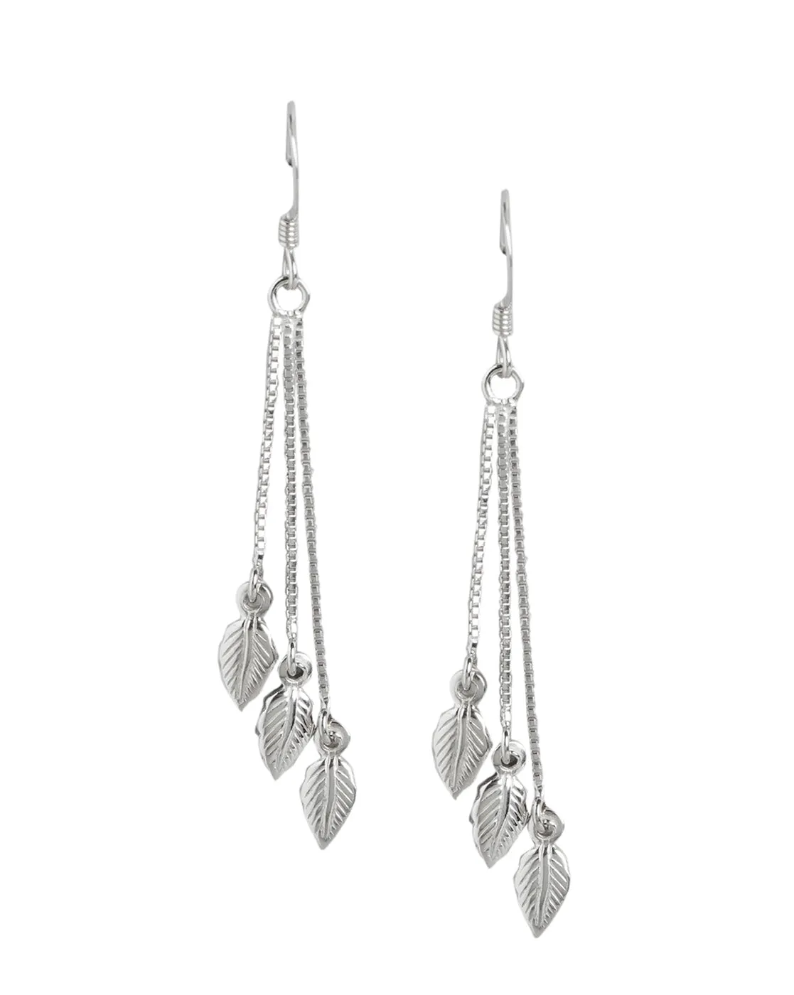 925 Sterling Silver Dangling Chain With Leaf Rhodium Plated Drop Earring