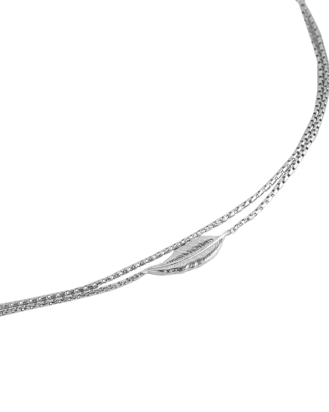 925 Sterling Silver Inline Leaf With Rhodium Plated Double Chain Adjustable Anklet