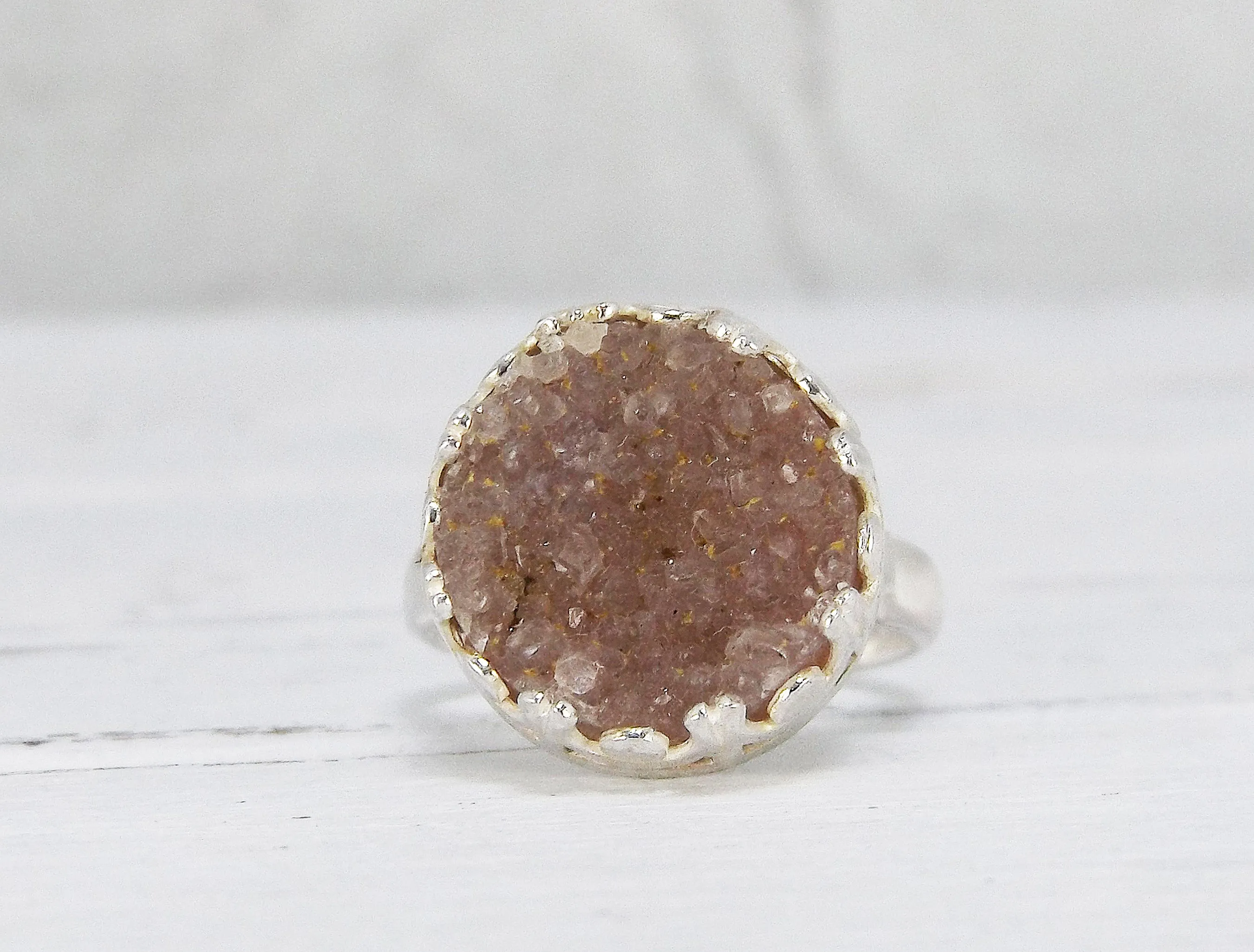 Adjustable Sterling Silver and Smoky Quartz Druzy Ring