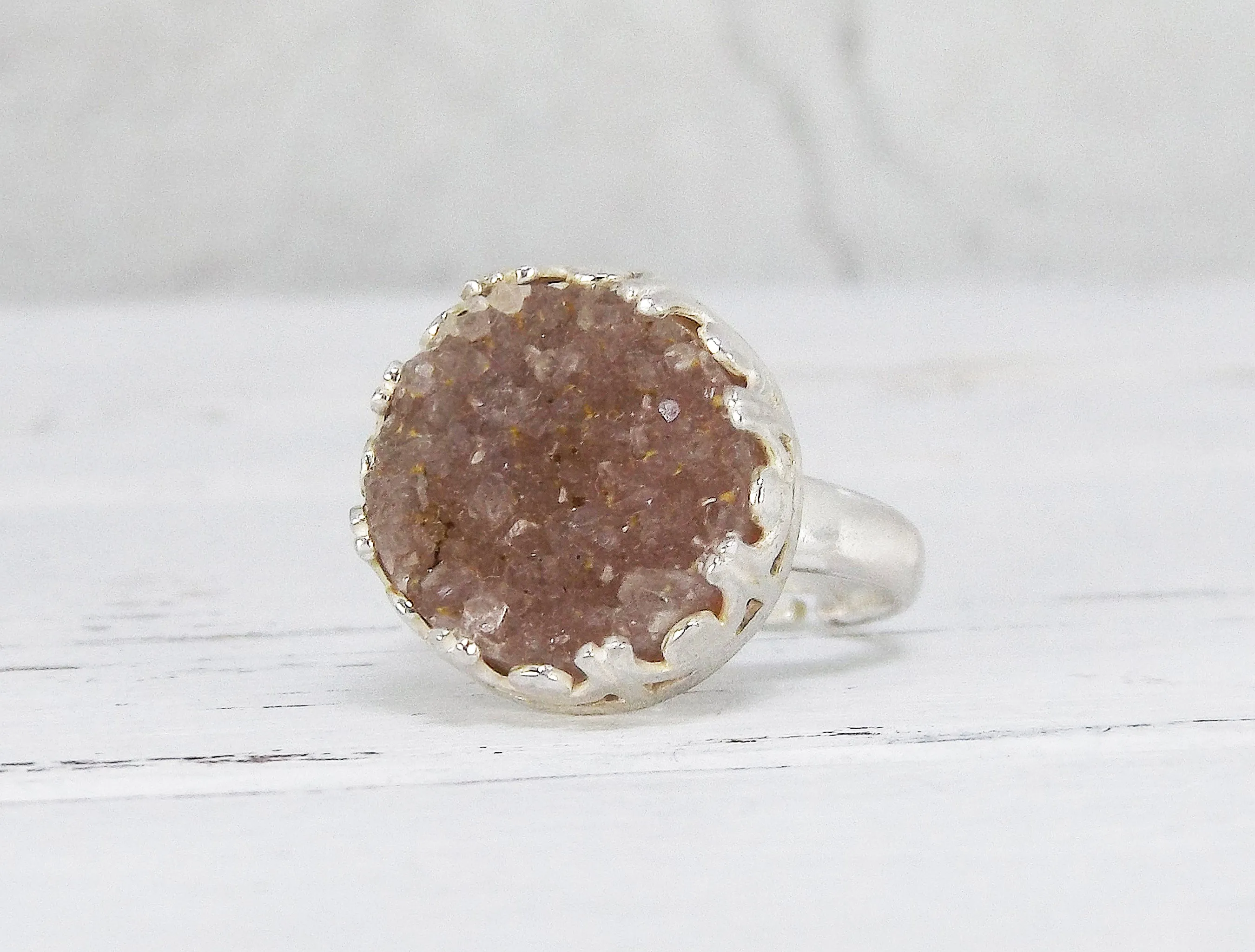 Adjustable Sterling Silver and Smoky Quartz Druzy Ring