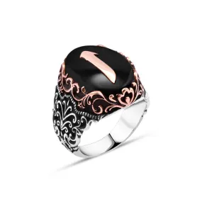 Alif Letter on Black Ellipse Onyx Stone Silver Man Ring with Wavy Pattern Around