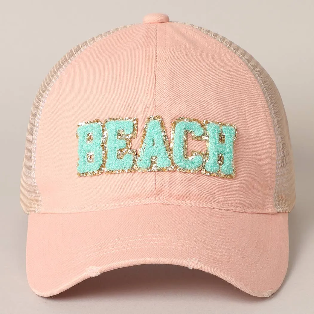 BEACH CHENILLE LETTER PATCH MESH BACK BASEBALL CAP