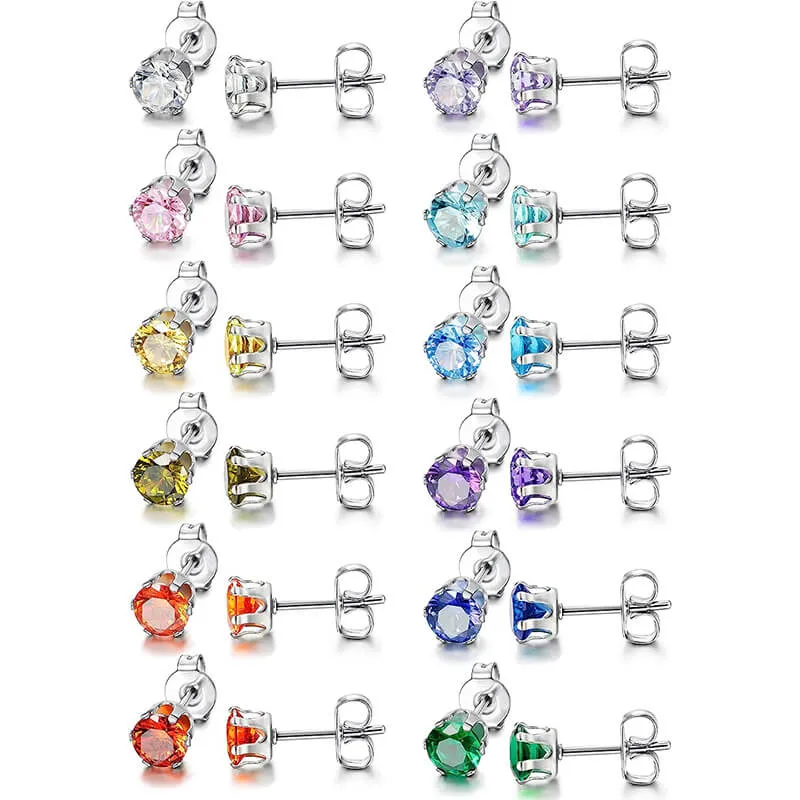 Birthstone Zirconia Stainless Steel Stud Earrings