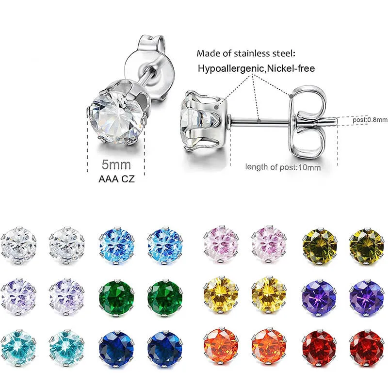 Birthstone Zirconia Stainless Steel Stud Earrings