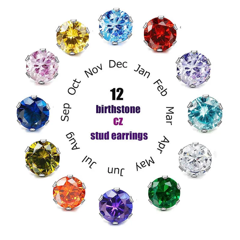 Birthstone Zirconia Stainless Steel Stud Earrings