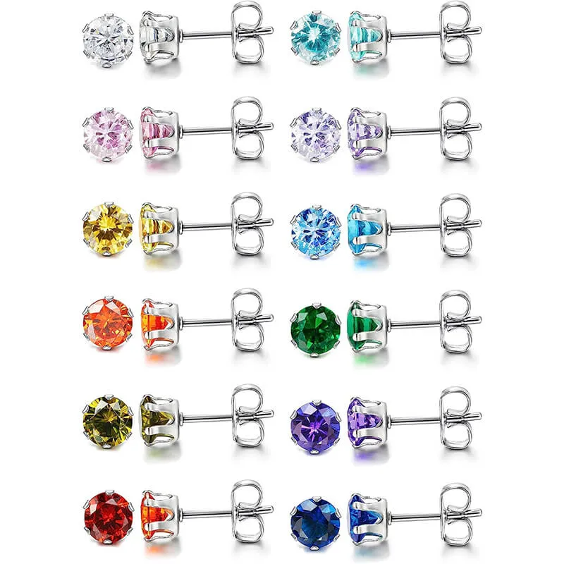 Birthstone Zirconia Stainless Steel Stud Earrings