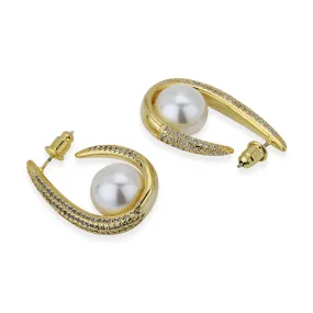 Carlton London Premium Jwlry-Gold & White Toned Pearls Studded Gold-Plated Teardrop Shaped Handcrafted Half Hoop Earrings Fje4148