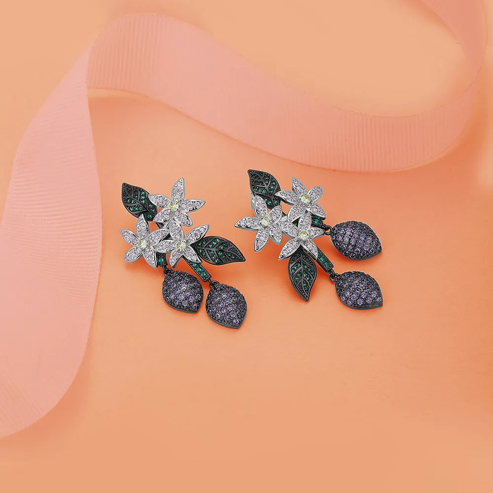 Carlton London Premium Jwlry-Multi Colour Toned Cz Studded Silver-Plated Floral Shaped Oxidised Drop Earrings Fje4149