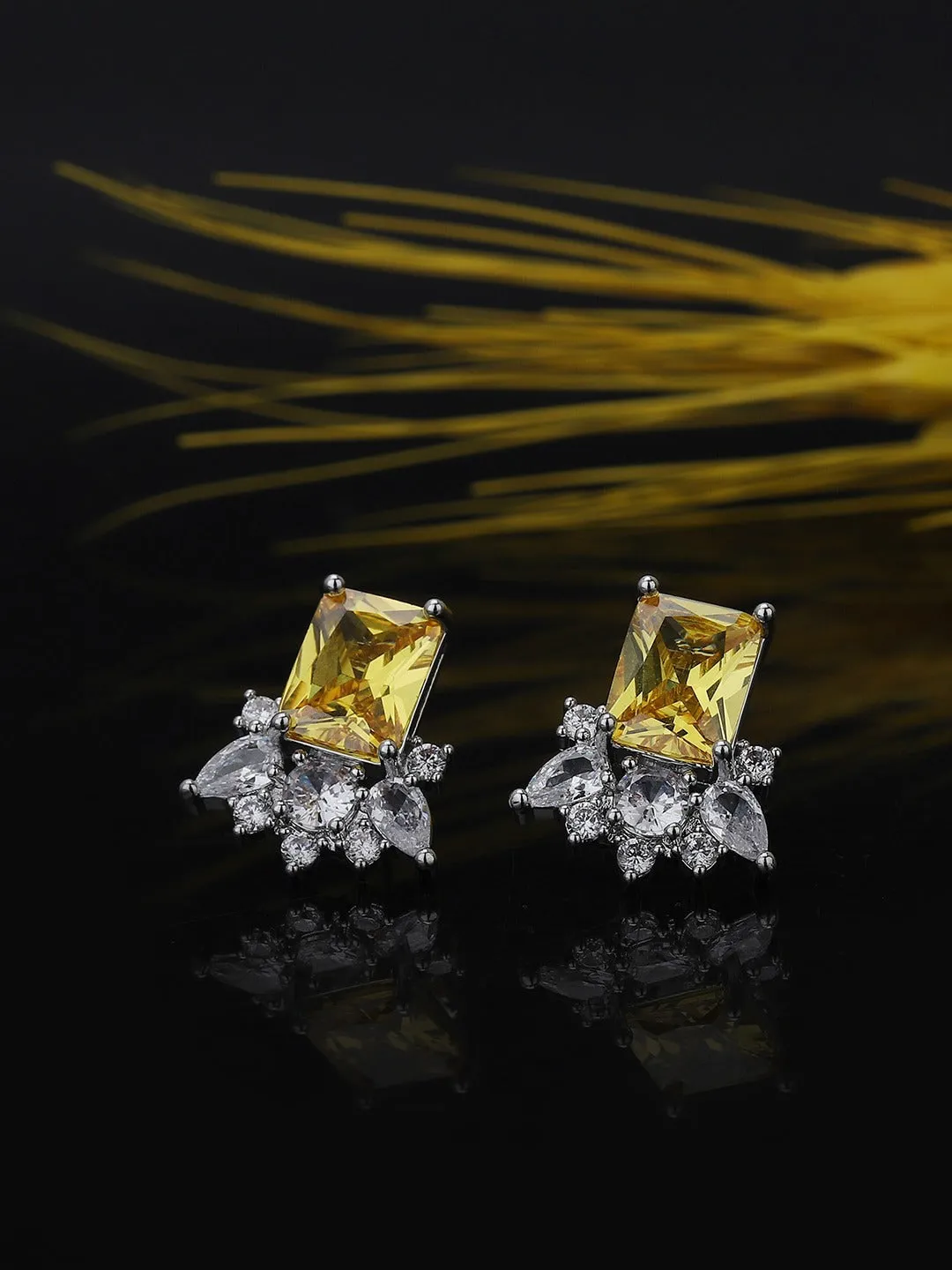 Carlton London Premium Jwlry-Silver & Yellow Toned Cz Studded Rhodium-Plated Contemporary Handcrafted Studs Earrings Fje4111