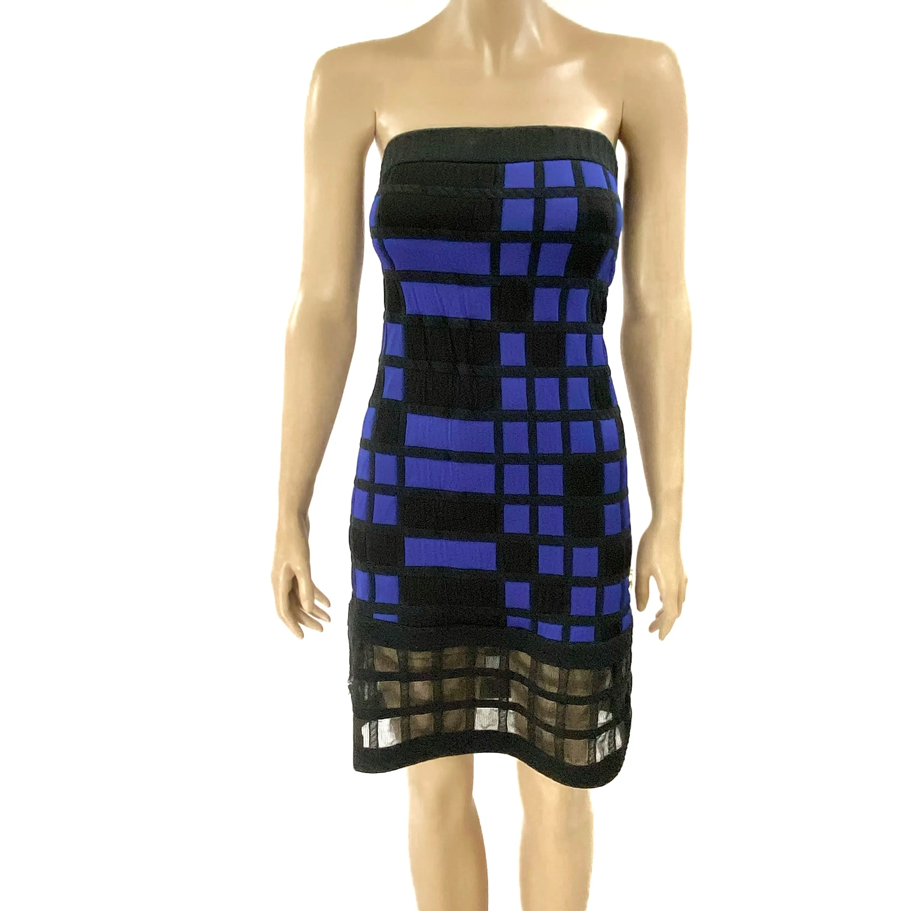 CHANEL Runway 2013 Blue Black Check Strapless Mini Dress Size 36