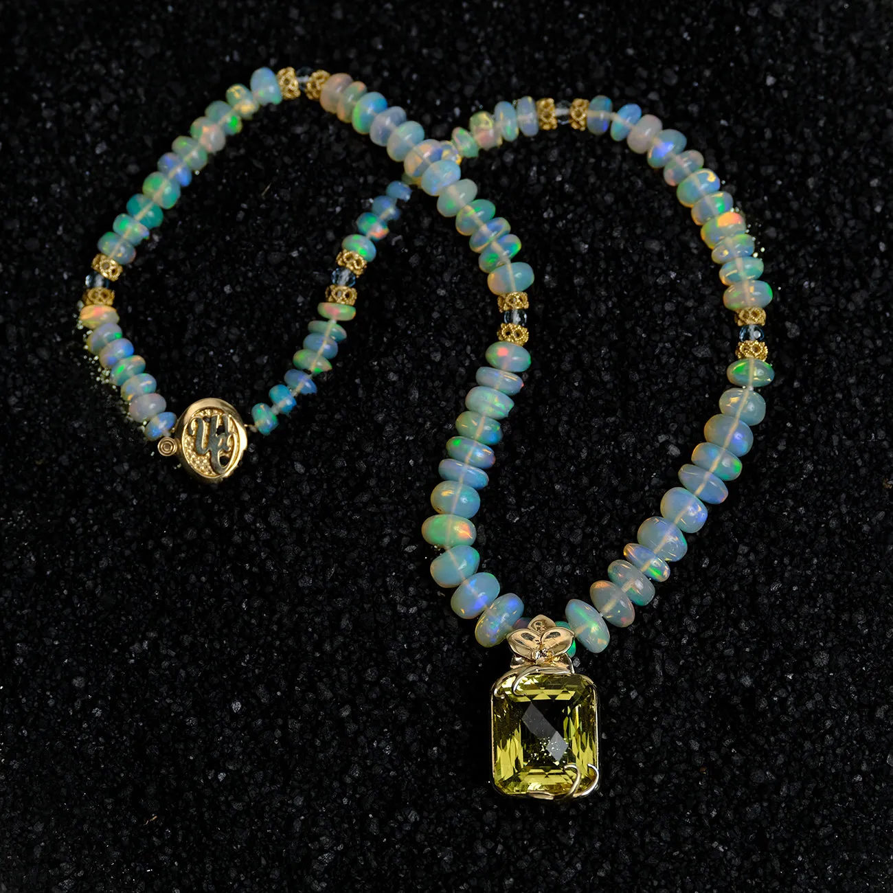 Citrine, Welo Opal, Blue Topaz, and Gold Pendant Necklace