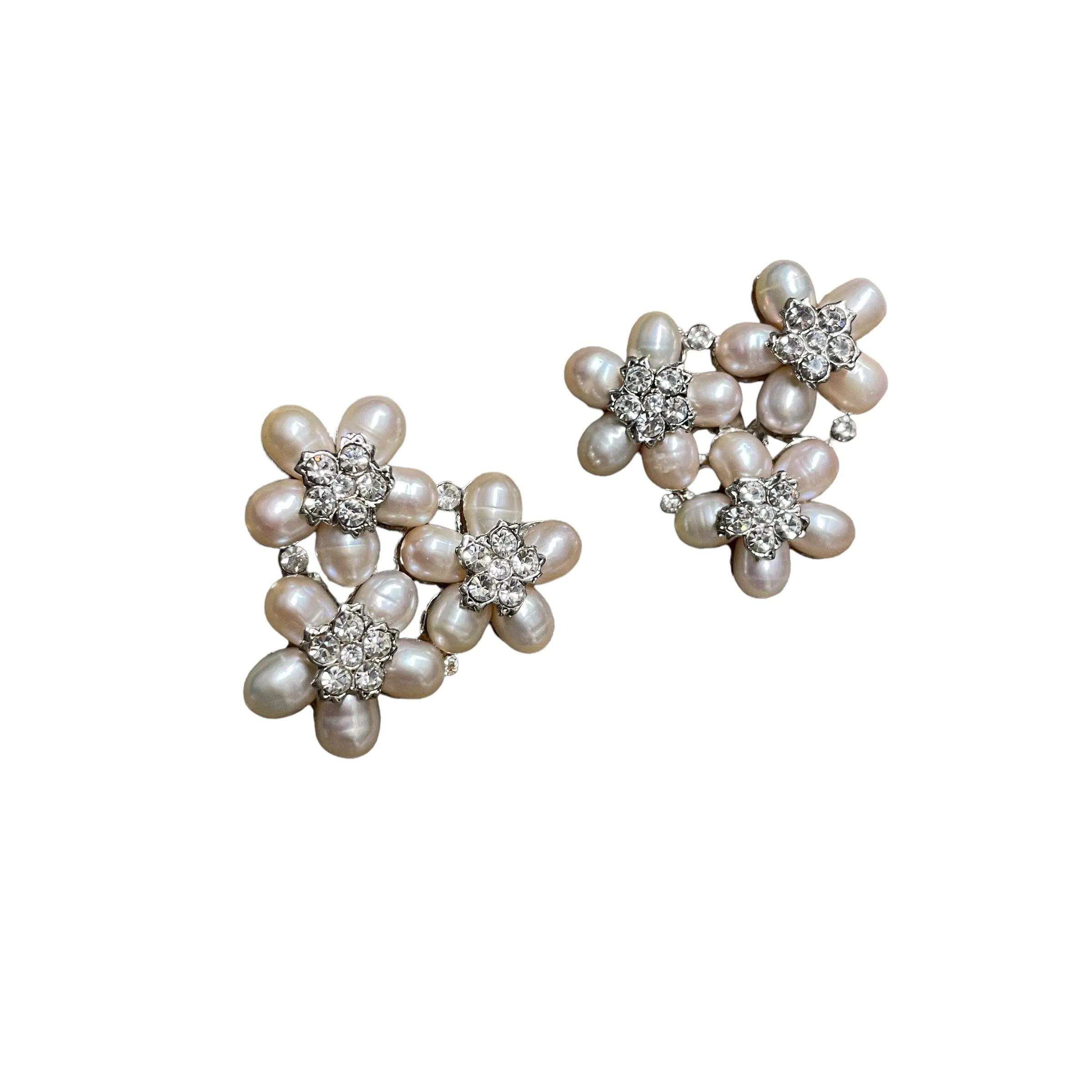 Floral Crystal & Pearl Vintage Edidi Clip-on Statement Earrings