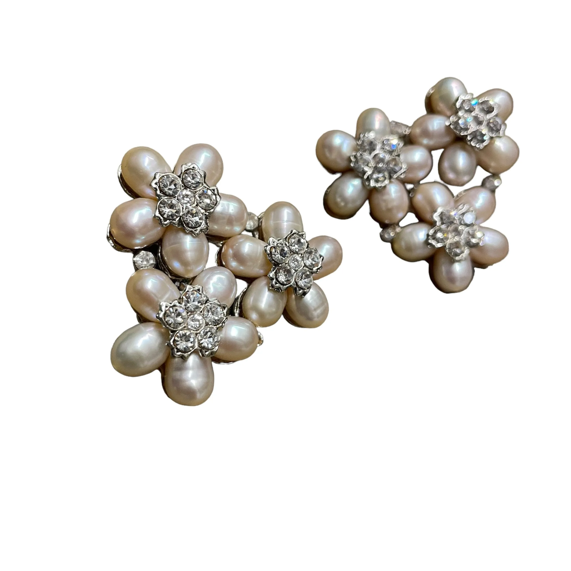 Floral Crystal & Pearl Vintage Edidi Clip-on Statement Earrings