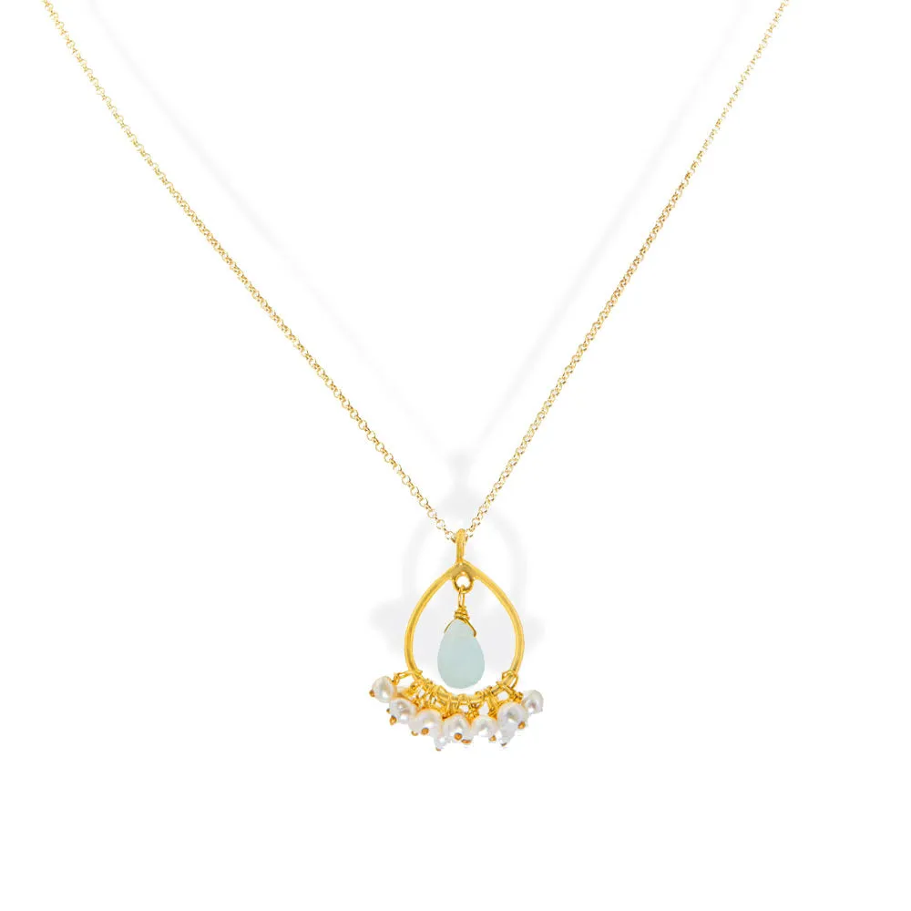 Handmade Gold Plated Silver Necklace With Chalcedony & Pearls