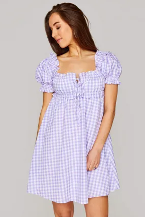 Jac Puff Sleeve Short Dress - Purple Plaid