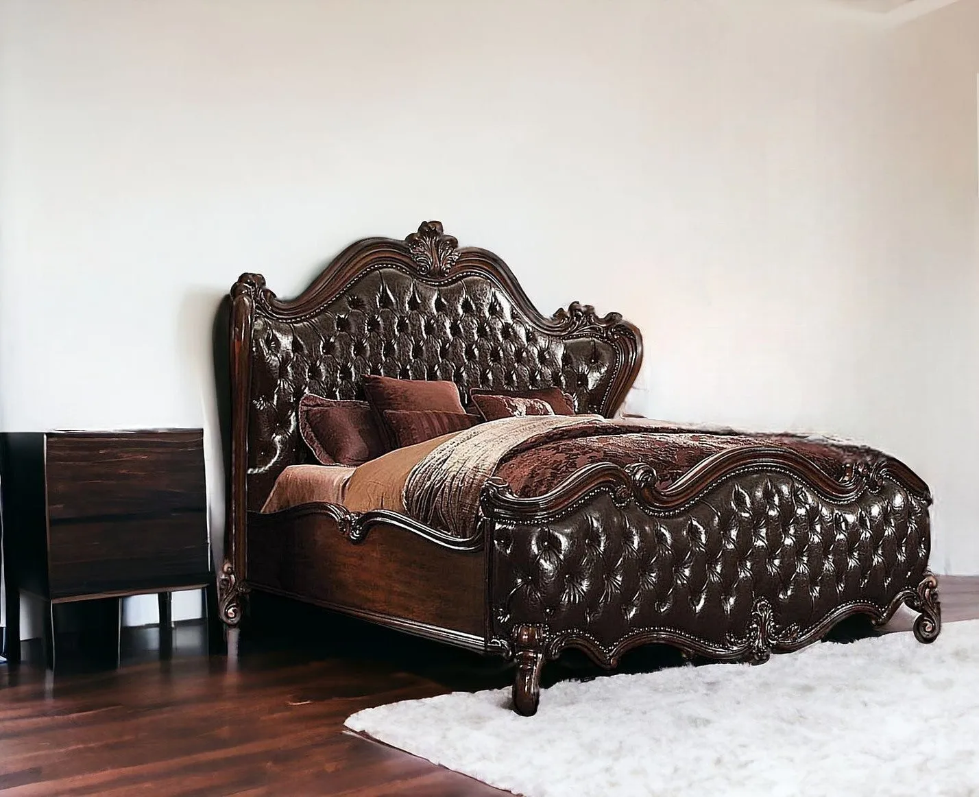 King Tufted Dark Brown Upholstered Faux Leather Bed With Nailhead Trim