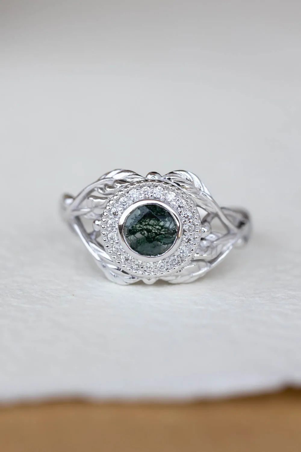 Moss agate and diamond halo engagement ring, nature themed gold branch ring  / Tilia halo