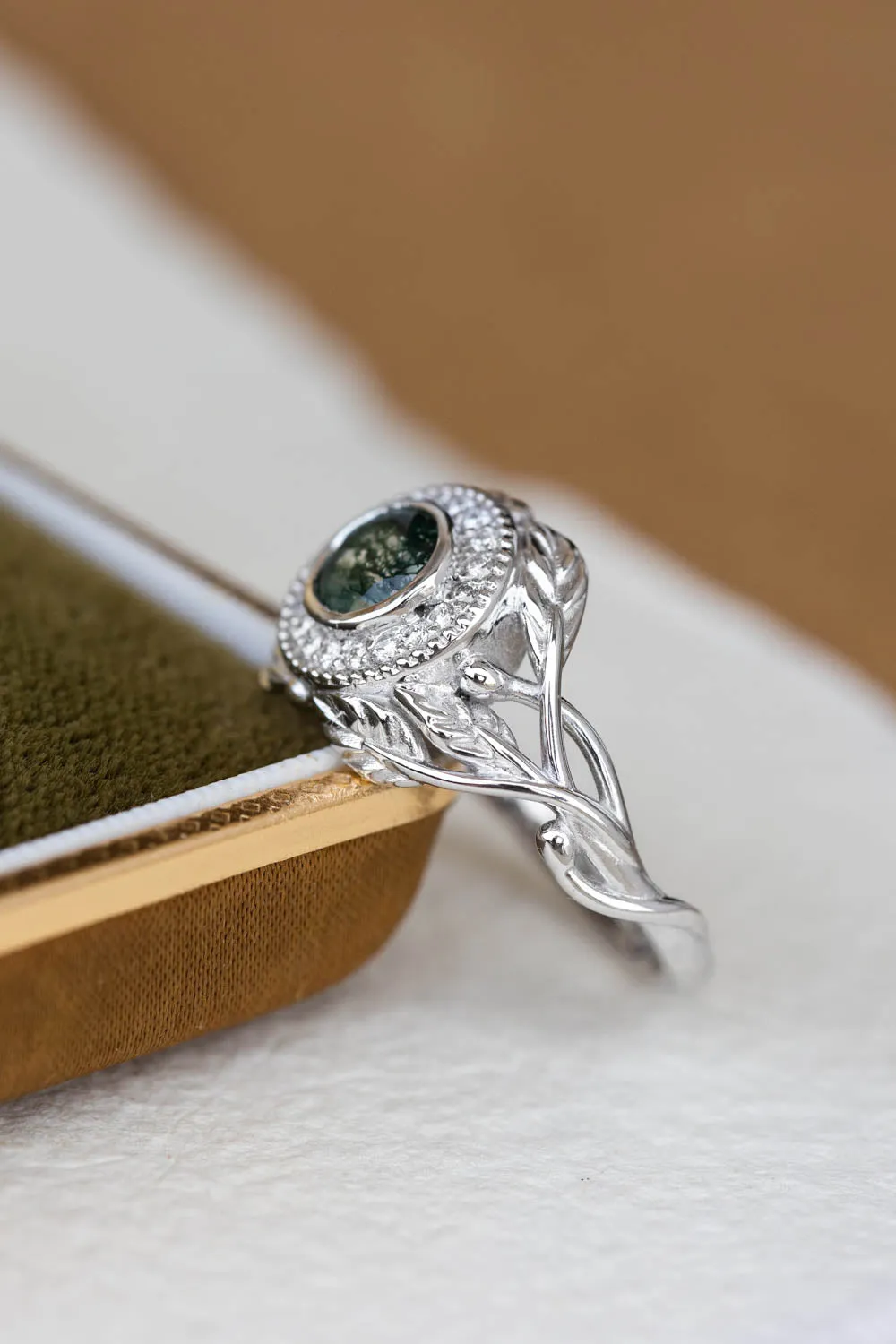 Moss agate and diamond halo engagement ring, nature themed gold branch ring  / Tilia halo