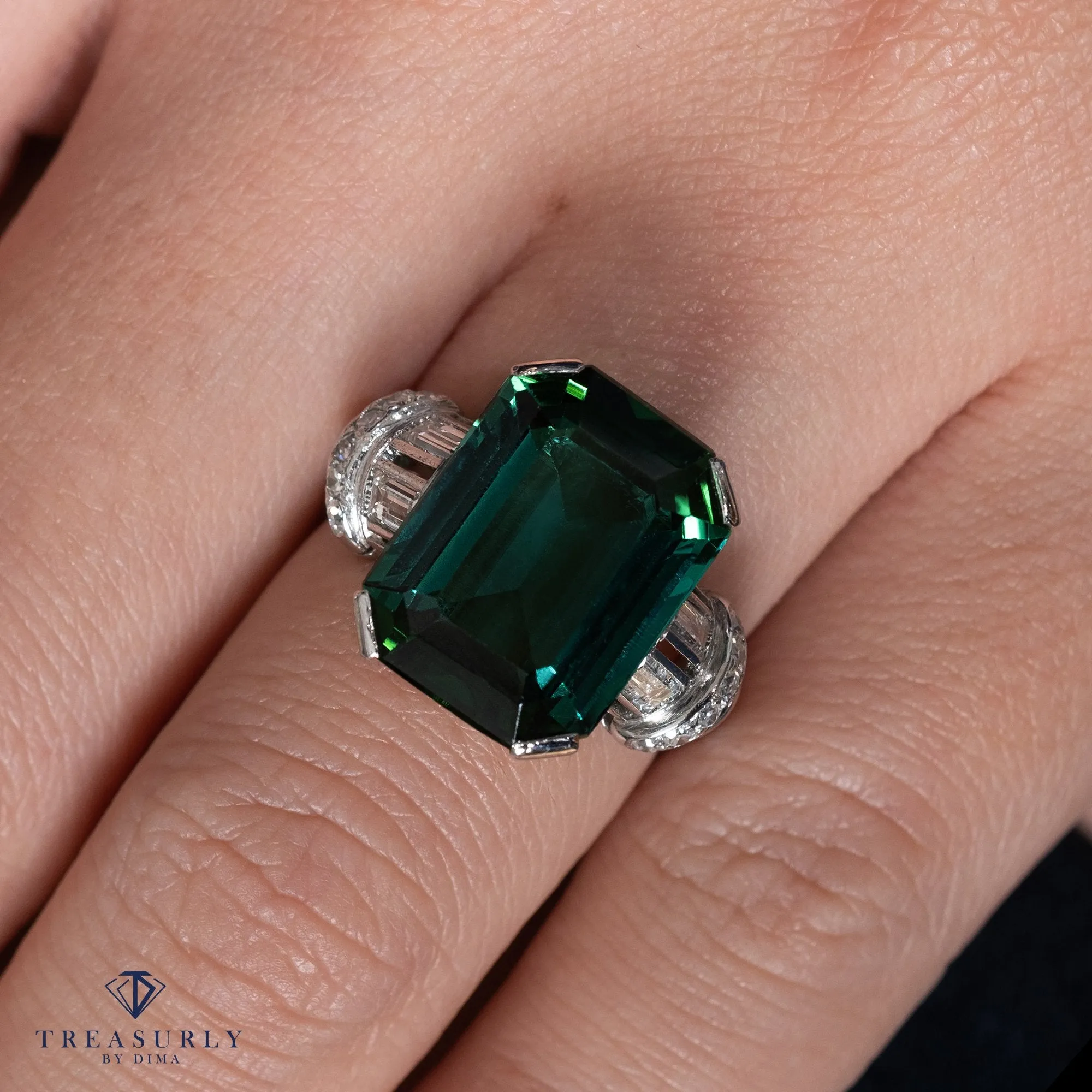 Original Art Deco GIA 9.40ctw Green-Blue Tourmaline Diamond Platinum Vintage Ring