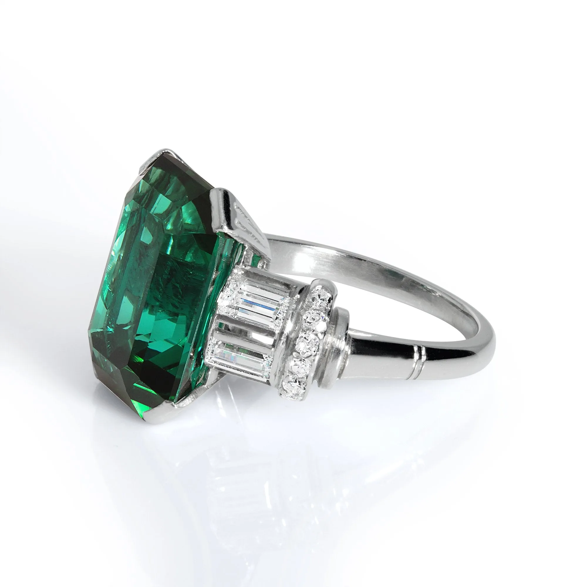 Original Art Deco GIA 9.40ctw Green-Blue Tourmaline Diamond Platinum Vintage Ring