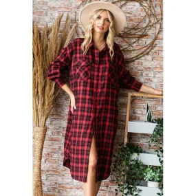 PLAID PRINT LONG SHIRT DRESS in RED 1025