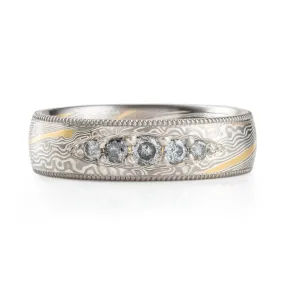 Radiant Salt and Pepper Diamond Mokume Ring with Milgrain Rails