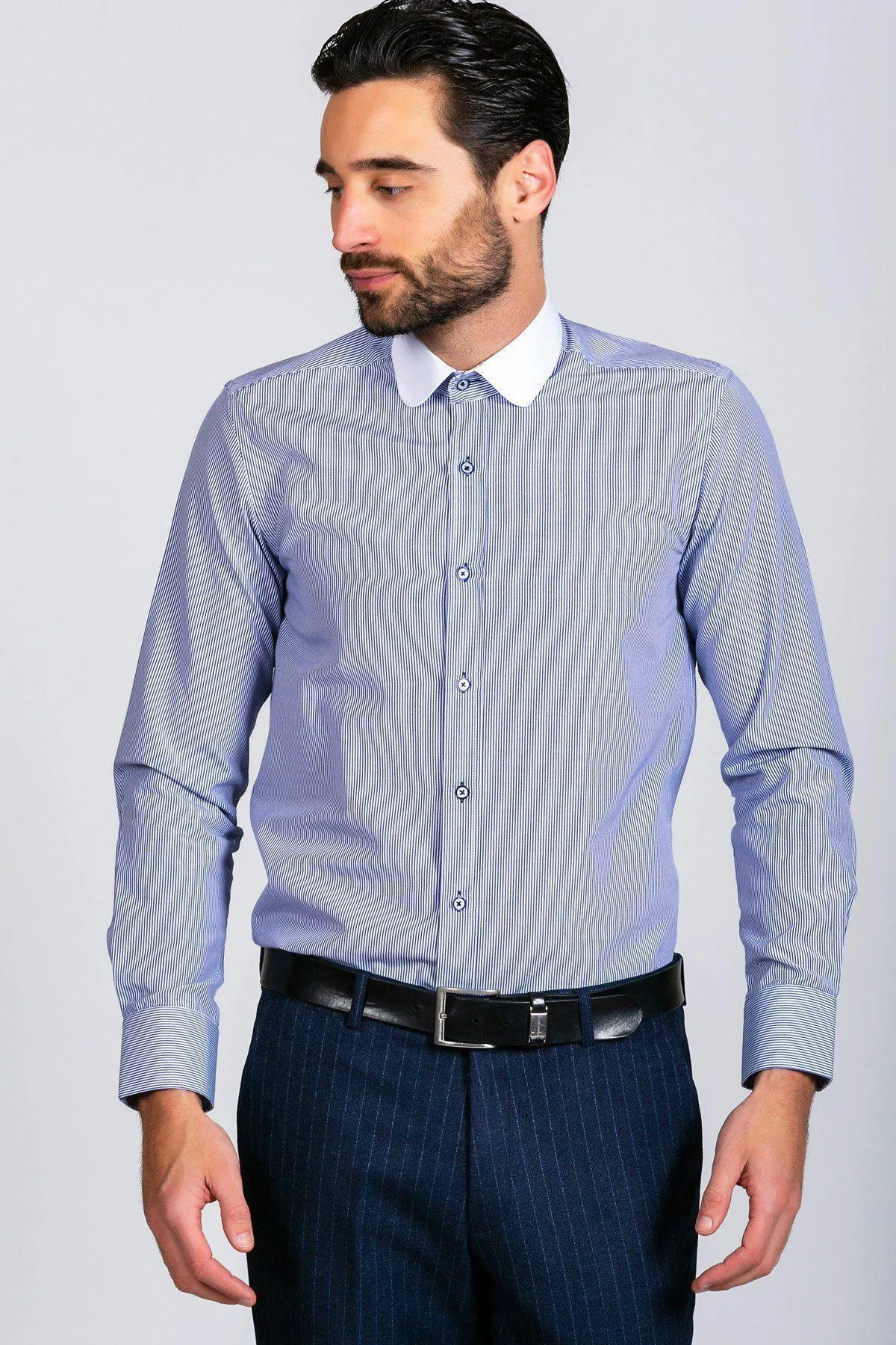 SHELBY - Navy Blue Stripe Penny Collar Shirt