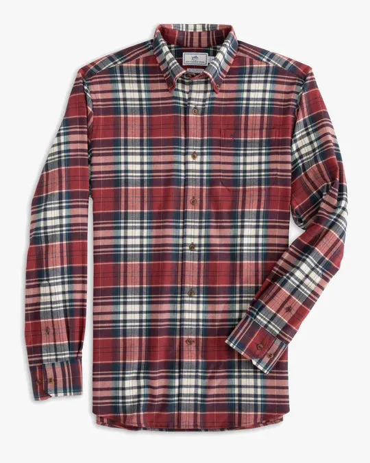 Southern Tide Men's Glades Plaid Flannel Intercoastal Performance Sport Shirt - Dark Red