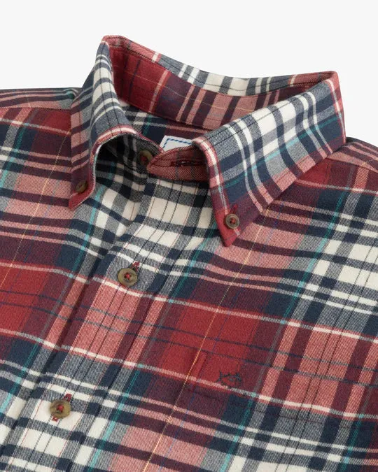 Southern Tide Men's Glades Plaid Flannel Intercoastal Performance Sport Shirt - Dark Red