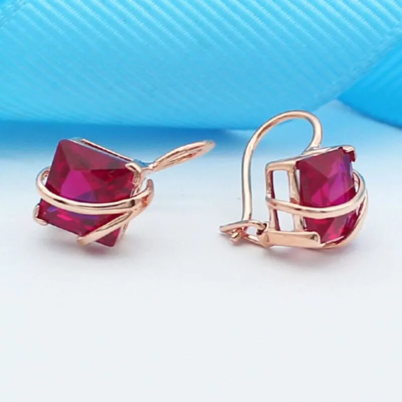 Square Ruby Ear Buckle Charm Earrings