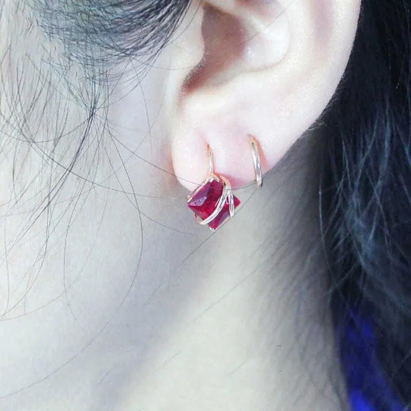 Square Ruby Ear Buckle Charm Earrings