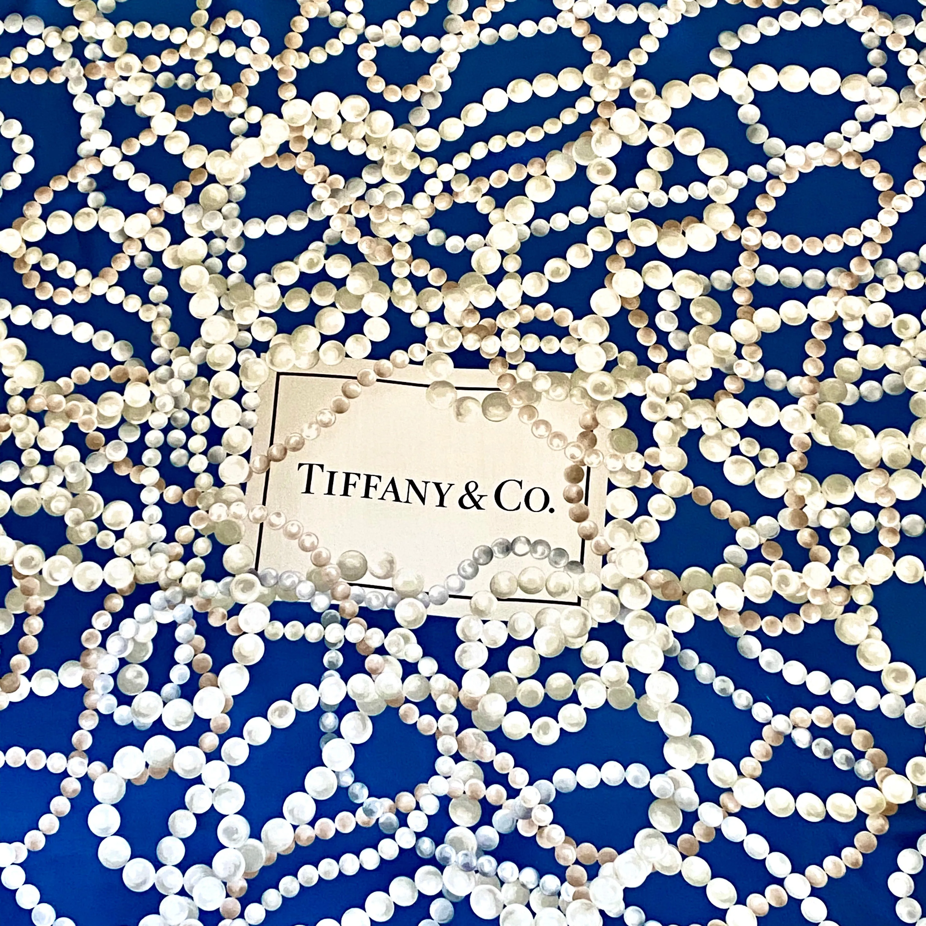 Tiffany & Co. Pearls Ribbon Silk Scarf in Dark Blue 34" x 34"